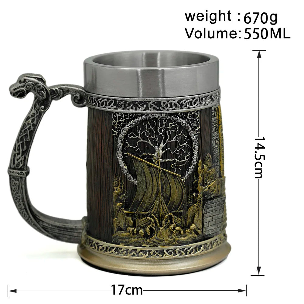 Viking Valhalla Ship Drinking Mug Beer 22 Oz, Tree Yggdrasil Tankard Cup for Men, Vikings Gift