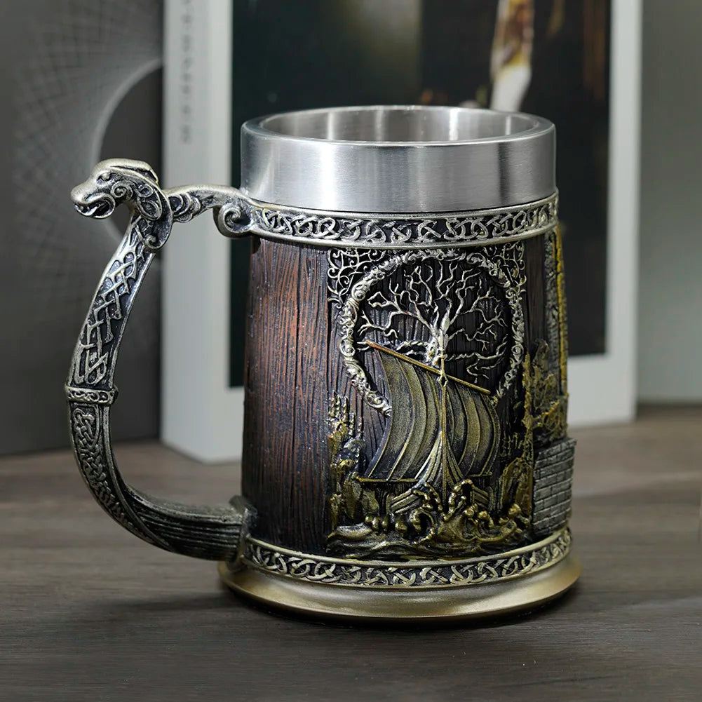 Viking Valhalla Ship Drinking Mug Beer 22 Oz, Tree Yggdrasil Tankard Cup for Men, Vikings Gift