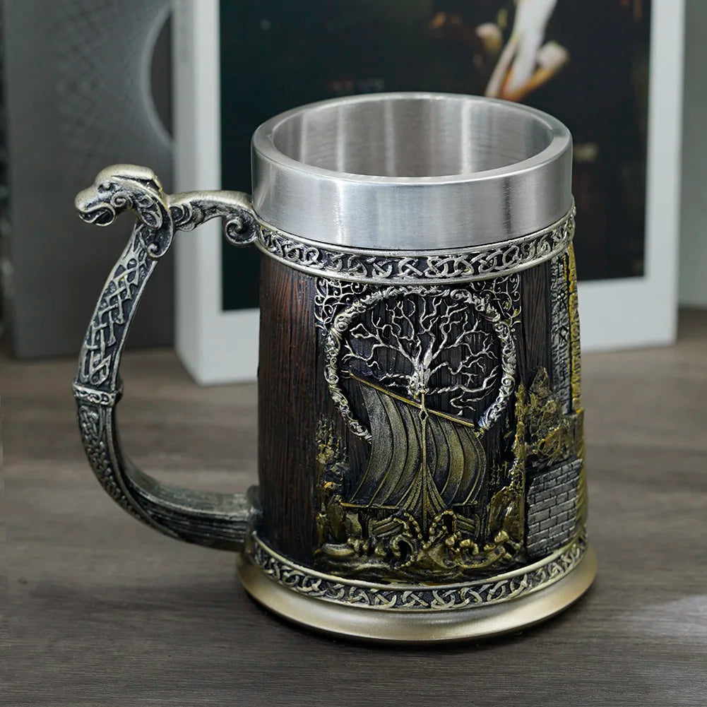 Viking Valhalla Ship Drinking Mug Beer 22 Oz, Tree Yggdrasil Tankard Cup for Men, Vikings Gift