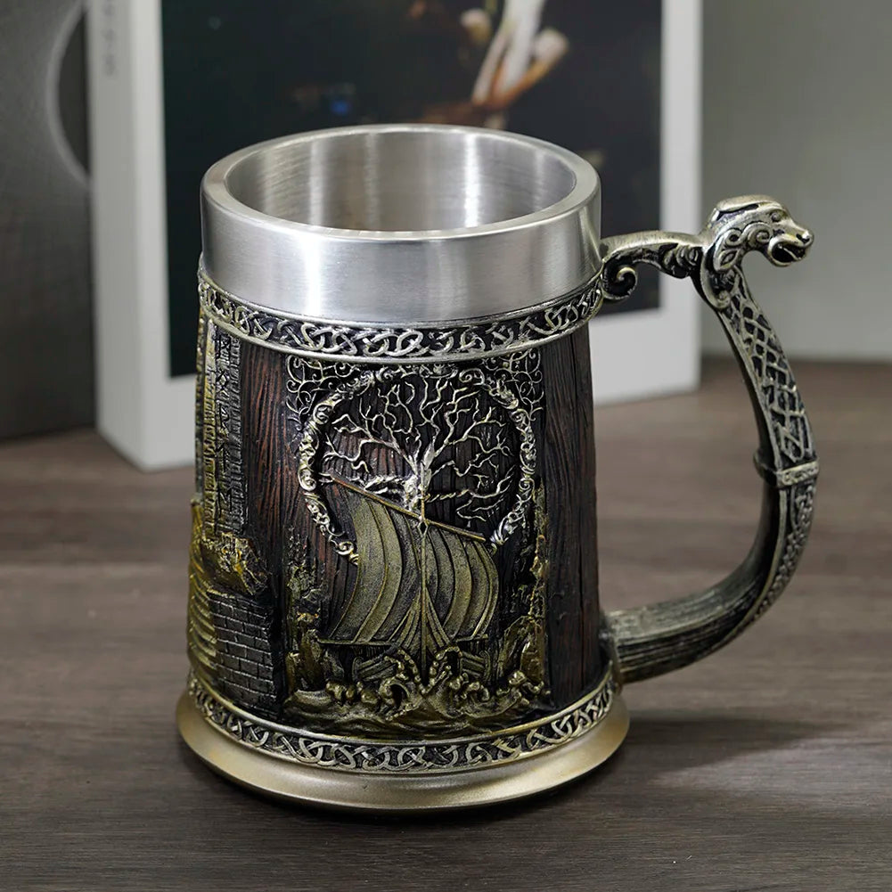 Viking Valhalla Ship Drinking Mug Beer 22 Oz, Tree Yggdrasil Tankard Cup for Men, Vikings Gift