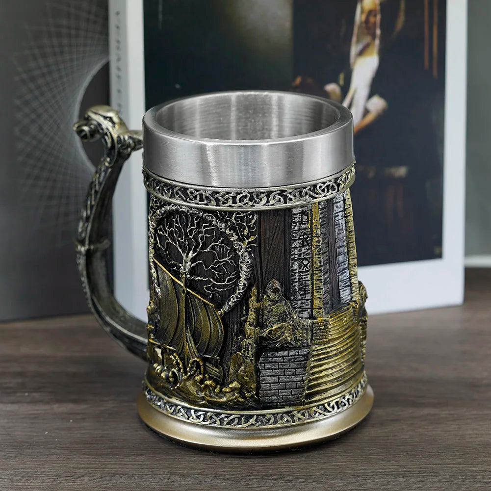 Viking Valhalla Ship Drinking Mug Beer 22 Oz, Tree Yggdrasil Tankard Cup for Men, Vikings Gift