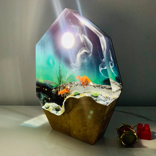 Handmade 3D Resin Night Light, Legendary Foxes running under the moon, Home Decor Desk Table Lamp