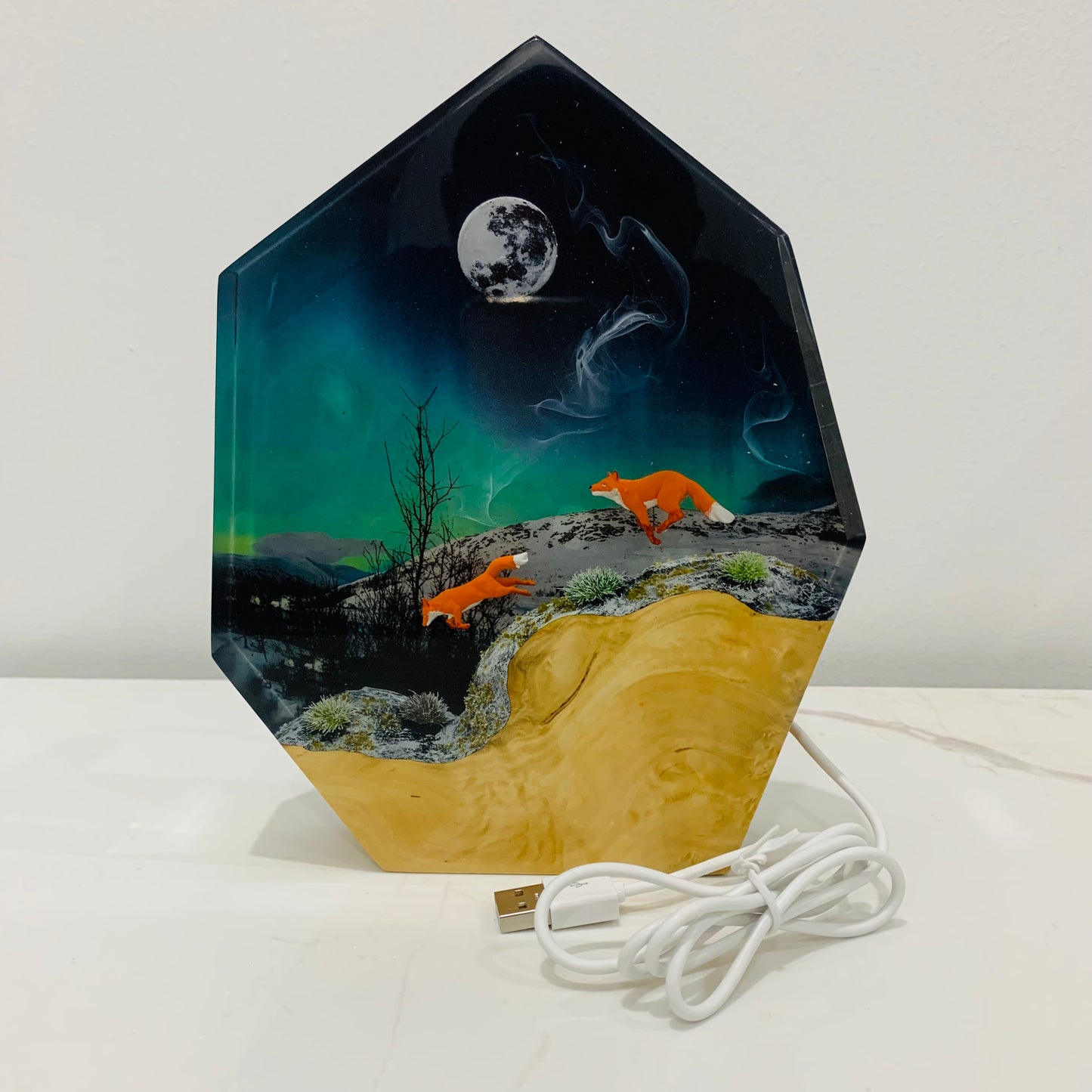 Handmade 3D Resin Night Light, Legendary Foxes running under the moon, Home Decor Desk Table Lamp