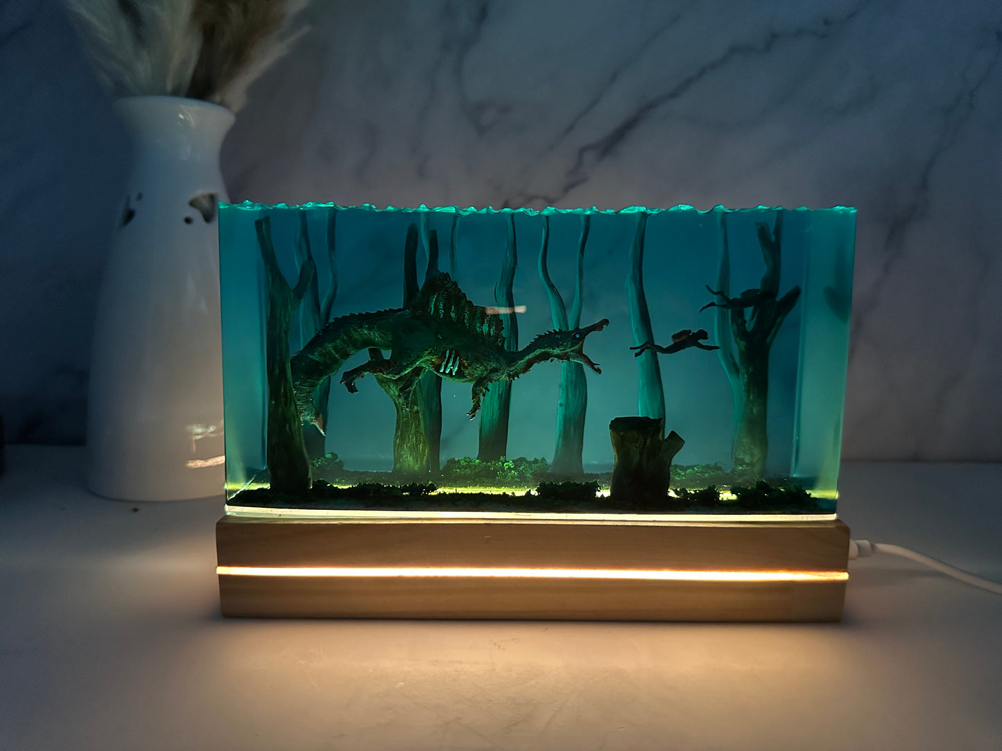 Diorama Zombie Ancient Spinosaurus and Divers Night Light, Modern Table Handmade Resin Lamp