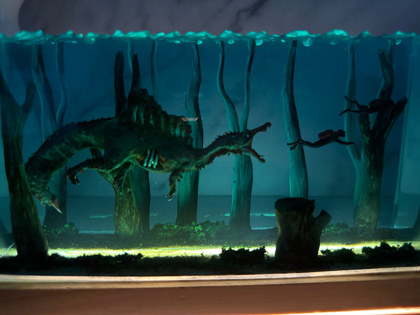 Diorama Zombie Ancient Spinosaurus and Divers Night Light, Modern Table Handmade Resin Lamp