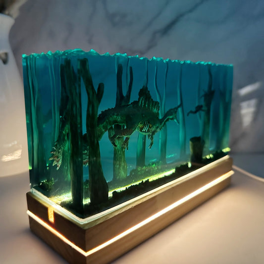 Diorama Zombie Ancient Spinosaurus and Divers Night Light, Modern Table Handmade Resin Lamp