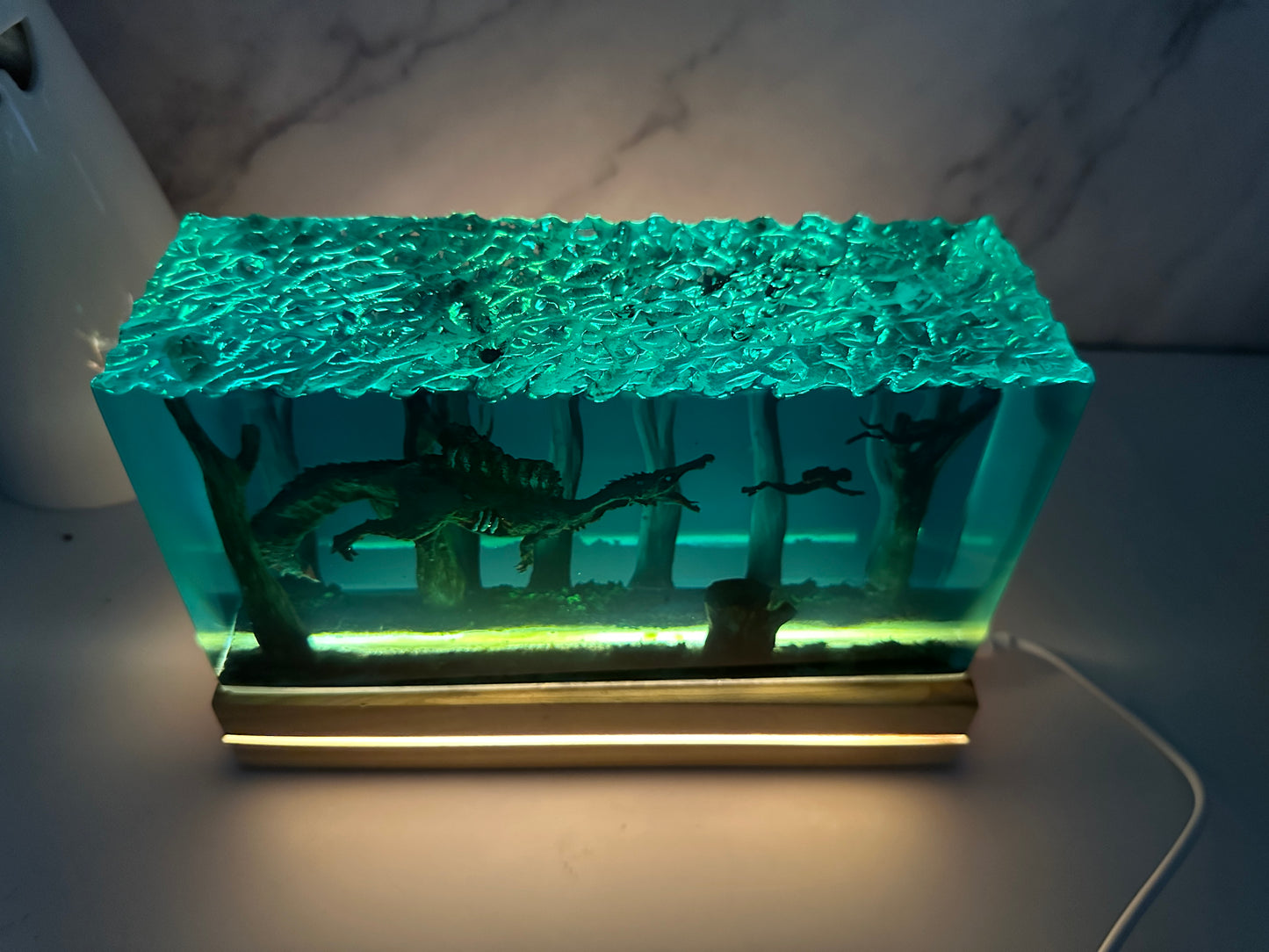 Diorama Zombie Ancient Spinosaurus and Divers Night Light, Modern Table Handmade Resin Lamp